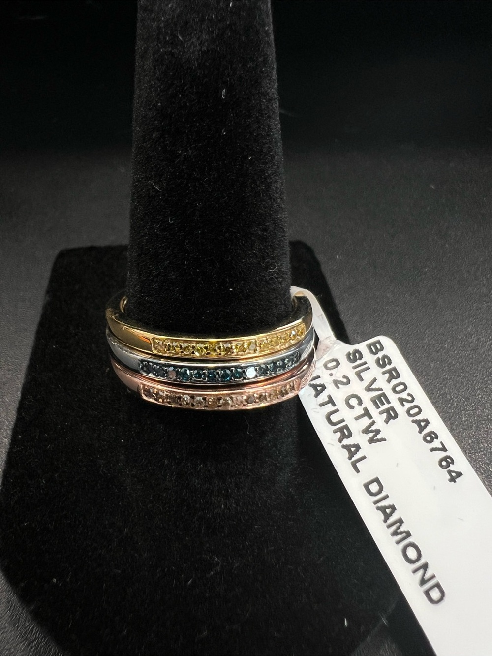 Tri-Color Sterling Silver Stackable Band with Yellow, Blue and Rose Stones